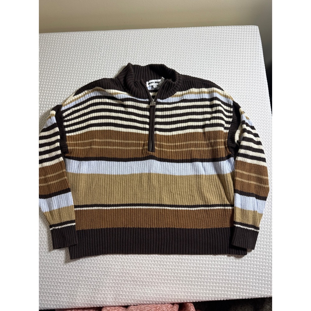 DKNY Jeans Sweater Women M Quarter Zip Brown Multi Striped EUC